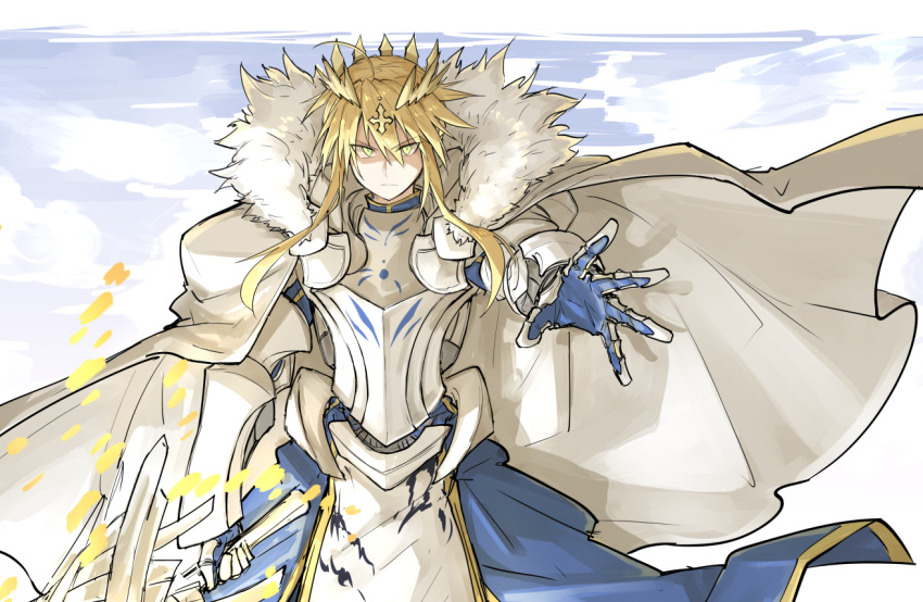 1girl ahoge armor artoria_pendragon_(all) artoria_pendragon_(lancer) blonde_hair cape crown fate/grand_order fate_(series) fur-trimmed_cape fur_trim gauntlets green_eyes holding_lance kan_(aaaaari35) lance polearm reaching_out rhongomyniad weapon