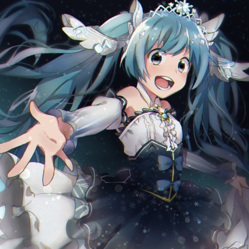 1girl amulet bare_shoulders beamed_eighth_notes black_background blue_eyes blue_hair bow_skirt commentary cowboy_shot detached_sleeves dress eighth_note frilled_dress frilled_skirt frilled_sleeves frills hair_ornament hatsune_miku highres holding_skirt long_hair looking_at_viewer musical_note musical_note_hair_ornament open_mouth outstretched_arm princess puffy_detached_sleeves puffy_sleeves reaching_out skirt smile snowflakes solo staff_(music) tasi_y tiara twintails very_long_hair vocaloid yuki_miku yuki_miku_(2019)