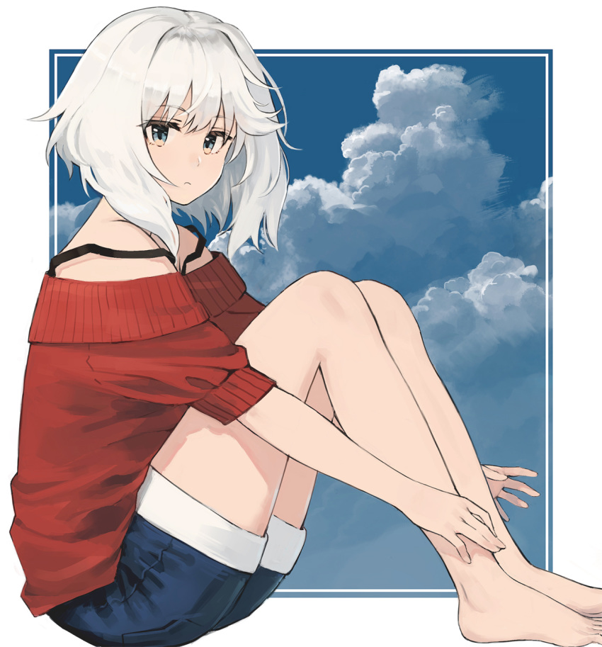 1girl bangs bare_shoulders barefoot blue_eyes blue_shorts blue_sky closed_mouth cloud cloudy_sky commentary_request day eyebrows_visible_through_hair hair_between_eyes highres knees_up looking_at_viewer looking_to_the_side off-shoulder_shirt off_shoulder original outstretched_arms red_shirt ryokucha_manma shirt short_shorts short_sleeves shorts sidelocks silver_hair sitting sky solo strap_slip