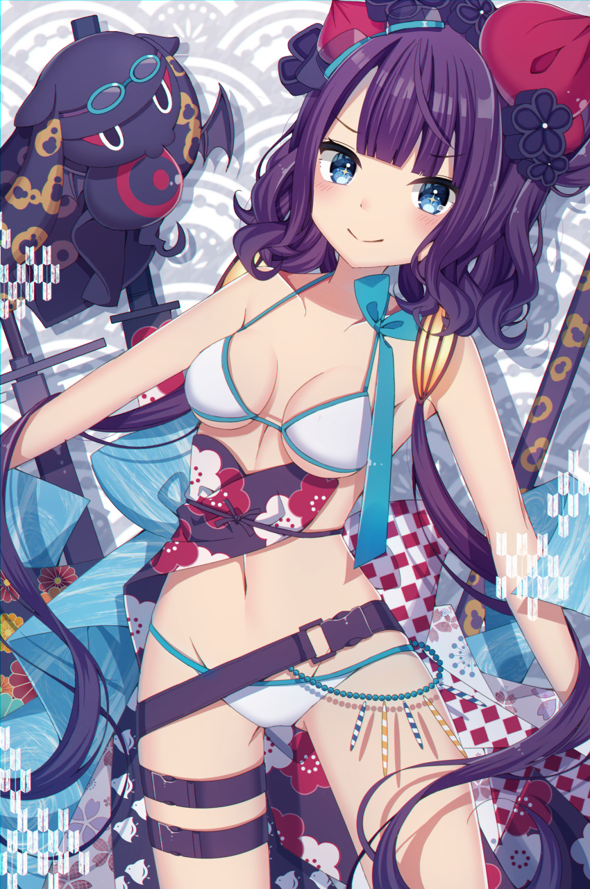 1girl absurdres bare_arms bare_shoulders bikini blue_eyes breasts breasts_apart closed_mouth collarbone commentary_request fate/grand_order fate_(series) floral_print goggles goggles_on_head groin hair_ornament halter_top halterneck highres katana katsushika_hokusai_(fate/grand_order) katsushika_hokusai_(swimsuit_saber)_(fate) leg_belt long_hair looking_at_viewer low_twintails medium_breasts navel octopus purple_hair sapphire_(sapphire25252) smile swimsuit sword tokitarou_(fate/grand_order) twintails v-shaped_eyebrows very_long_hair weapon white_bikini yagasuri