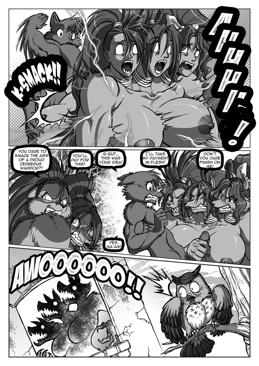 anthro anthro_penetrating anthro_penetrating_humanoid avian big_breasts bird breasts canid canine canis cerberus chochi comic dialogue duo english_text erection european_mythology female female_on_anthro feral greek_mythology greyscale group hi_res humanoid humanoid_on_anthro humanoid_penetrated humanoid_penis london_(spinerette) male male/female mammal minerva_(spinnerette) monochrome multi_head mythology nipples owl penetration penis penis_grab text