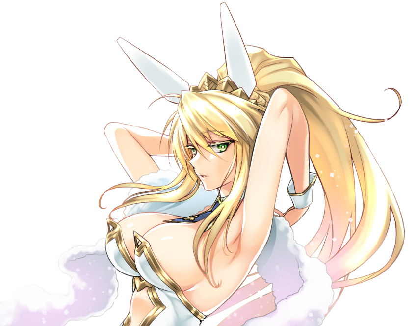 1girl ahoge amagai_yukino animal_ears armpits arms_behind_head arms_up artoria_pendragon_(all) artoria_pendragon_(lancer) bangs blonde_hair breasts bunny_ears bunnysuit cleavage colored_eyelashes crown detached_collar eyebrows_visible_through_hair fate/grand_order fate_(series) green_eyes hair_between_eyes large_breasts leotard lips looking_at_viewer navel_cutout necktie parted_lips ponytail shawl sideboob sidelocks simple_background solo strapless strapless_leotard upper_body white_background white_leotard wrist_cuffs