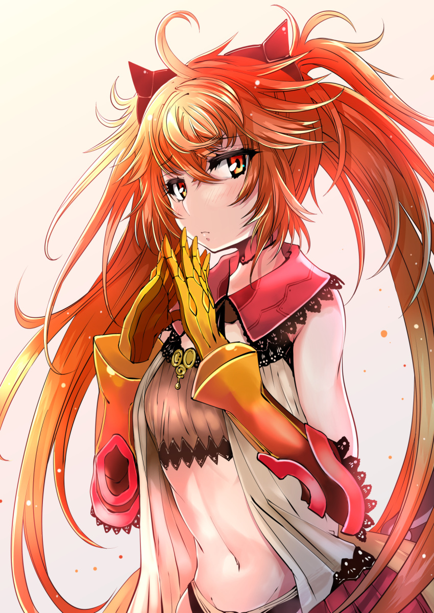 1girl blush breasts closed_mouth eyebrows_visible_through_hair fate/grand_order fate_(series) grimjin hair_between_eyes hair_ornament highres long_hair looking_at_viewer navel red_eyes red_hair simple_background sita_(fate/grand_order) small_breasts solo twintails upper_body very_long_hair