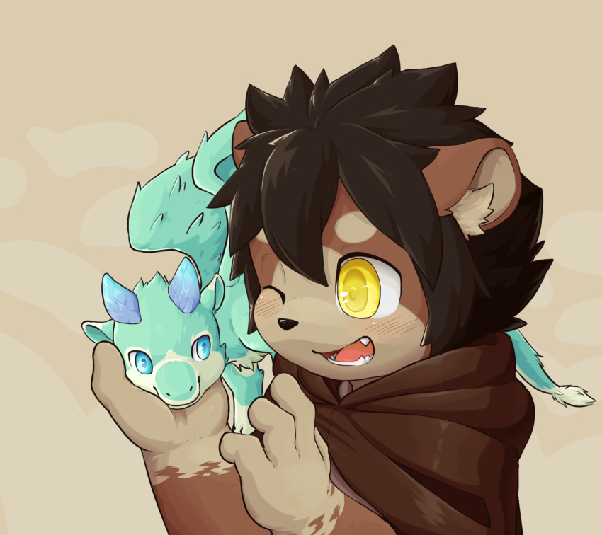 2018 4_fingers ambiguous_gender anthro black_hair black_nose blue_eyes blue_fur blue_horn blush brown_fur carrying cloak clothed clothing cub dragon duo felid feral fingers fur fur_markings furred_dragon gloves_(marking) hair hand_on_face happy hi_res horn inner_ear_fluff kemono larger_male leg_markings lion looking_at_another male mammal markings multicolored_fur norphen nude on_shoulder one_eye_closed open_mouth open_smile pantherine pet pink_tongue short_hair simple_background size_difference smaller_ambiguous smile socks_(marking) tail_tuft tan_background teeth tongue tuft two_tone_fur white_fur wings yellow_eyes young