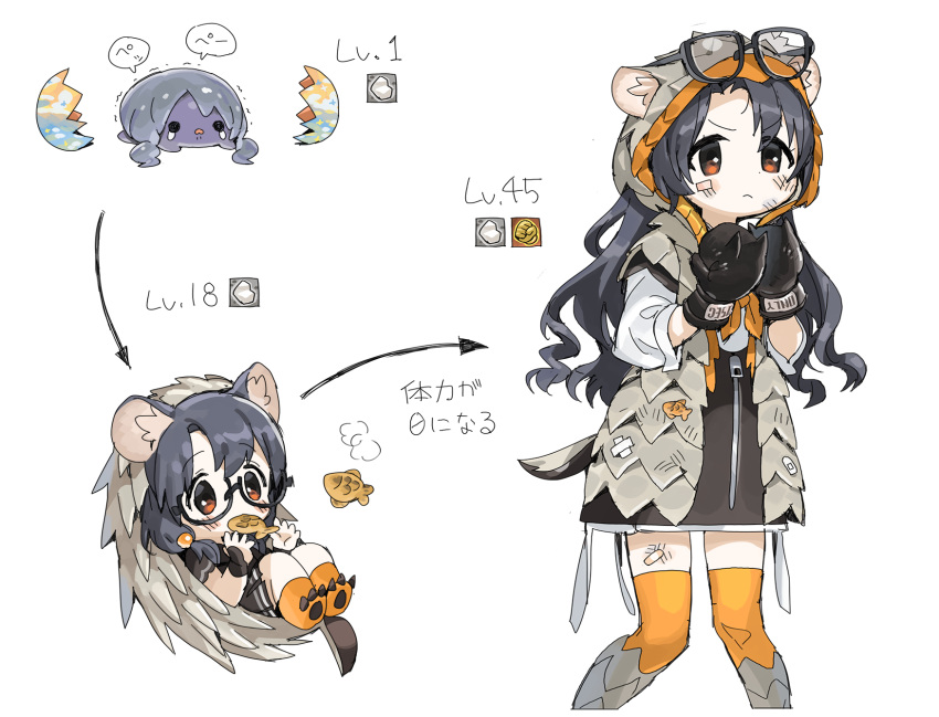 1girl animal_ears bandaid_on_leg black_hair blush boxing_gloves brown_eyes chibi cropped_legs dot_nose egg evolution eyewear_on_head eyewear_removed glasses hedgehog highres hood hood_up hooded_coat idolmaster idolmaster_million_live! long_sleeves low_twintails no_nose orange_legwear pointy_ears spawnfoxy tail takayama_sayoko thighhighs twintails white_background zipper zipper_pull_tab