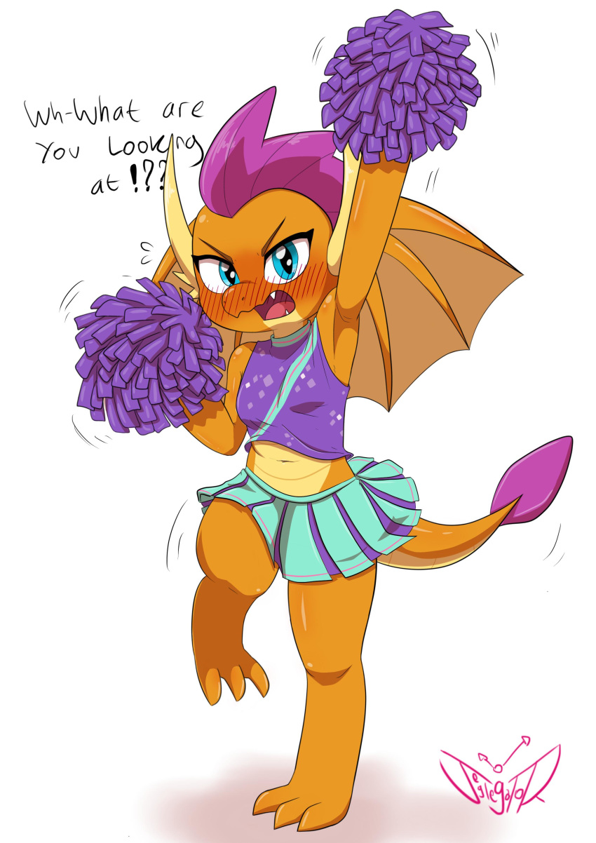 2019 absurd_res anthro blue_eyes blush bottomwear cheerleader clothed clothing dragon fangs female friendship_is_magic hi_res horn jeglegator my_little_pony open_mouth pom_poms scalie skirt smolder_(mlp) solo wings