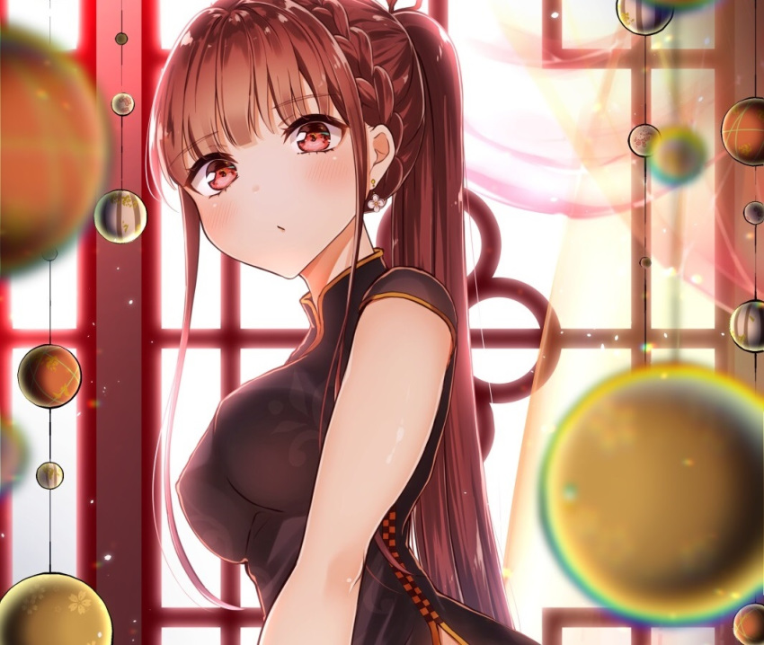 anthropomorphism blush braids breasts brown_hair chinese_clothes chinese_dress cropped girls_frontline kodama_(koda_mat) long_hair ponytail red_eyes wa2000_(girls_frontline)