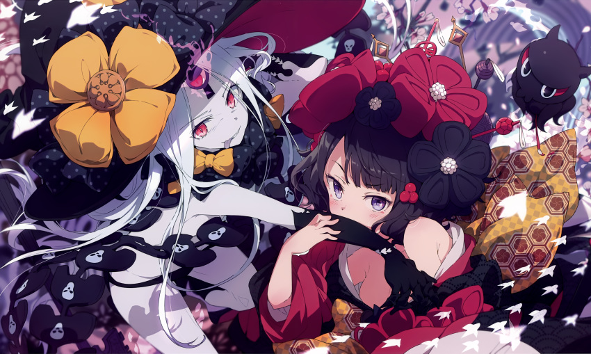 2girls abigail_williams_(fate/grand_order) animal black_hair bow breasts cleavage cropped elbow_gloves fate/grand_order fate_(series) gloves hat japanese_clothes katsushika_hokusai kimono long_hair ogipote panties purple_eyes red_eyes scan tokitarou_(fate/grand_order) underwear white_hair witch witch_hat