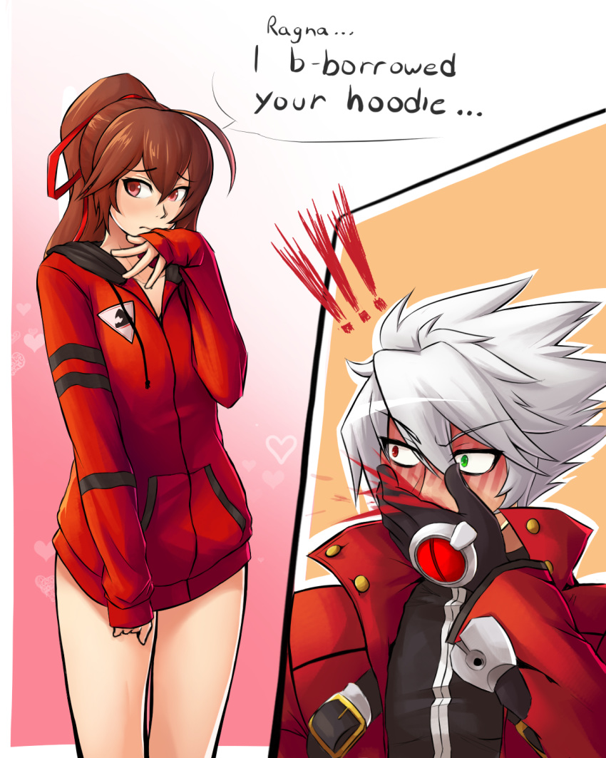 1boy 1girl ahoge antenna_hair blazblue blood blush celica_a_mercury hair_ribbon highres hood hoodie looking_away md5_mismatch nosebleed ragna_the_bloodedge red_hoodie ribbon shy white_hair