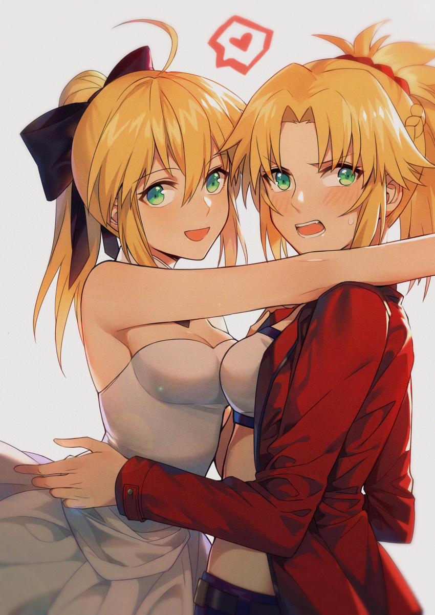 2girls absurdres ahoge bangs bare_shoulders black_bow blonde_hair blush bow braid breasts character_request cleavage cowboy_shot detached_collar dress eyebrows_visible_through_hair fate/grand_order fate_(series) french_braid green_eyes grey_background hair_between_eyes hair_bow hair_ornament hair_scrunchie heart highres imminent_hug jacket long_hair long_sleeves looking_to_the_side medium_breasts mordred_(fate) mordred_(fate)_(all) multiple_girls open_clothes open_jacket parted_bangs ponytail red_jacket scrunchie sidelocks simple_background speech_bubble spoken_heart strapless strapless_dress teeth v-shaped_eyebrows white_dress yorukun yuri