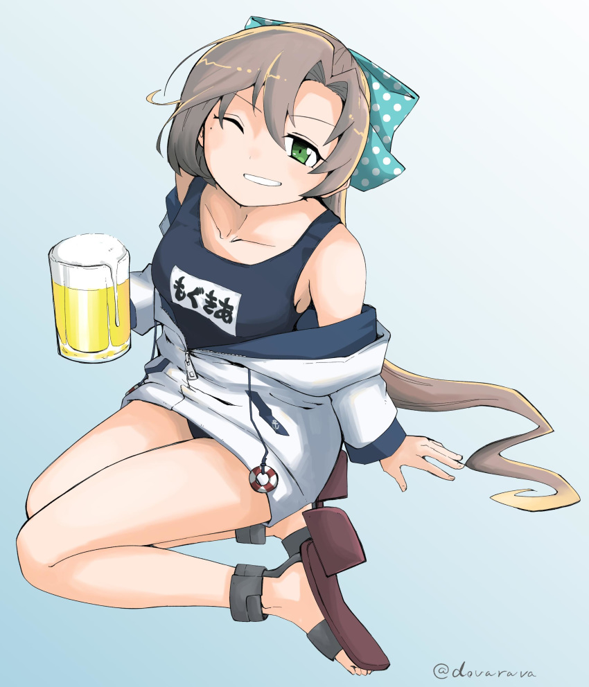 1girl absurdres akigumo_(kantai_collection) alcohol beer beer_mug black_swimsuit blue_background brown_hair commentary_request dova drawstring gradient gradient_background green_eyes hair_ribbon highres hood hooded_jacket hoodie jacket kantai_collection long_hair name_tag ponytail ribbon rudder_footwear sandals school_swimsuit sitting solo swimsuit twitter_username wariza white_jacket yukikaze_(kantai_collection)