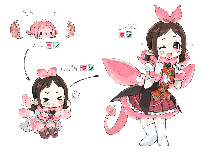 &gt;_&lt; 1girl :d black_neckwear blush boots bow bowtie brown_hair chibi cropped_legs dot_nose dress egg evolution fairy_wings flying gloves hair_bow highres idol idolmaster idolmaster_cinderella_girls low_twintails muramatsu_sakura no_nose one_eye_closed open_mouth pink_eyes pointy_ears sash short_eyebrows short_hair short_sleeves short_twintails smile spawnfoxy tail thighhighs twintails white_background white_gloves white_legwear wings