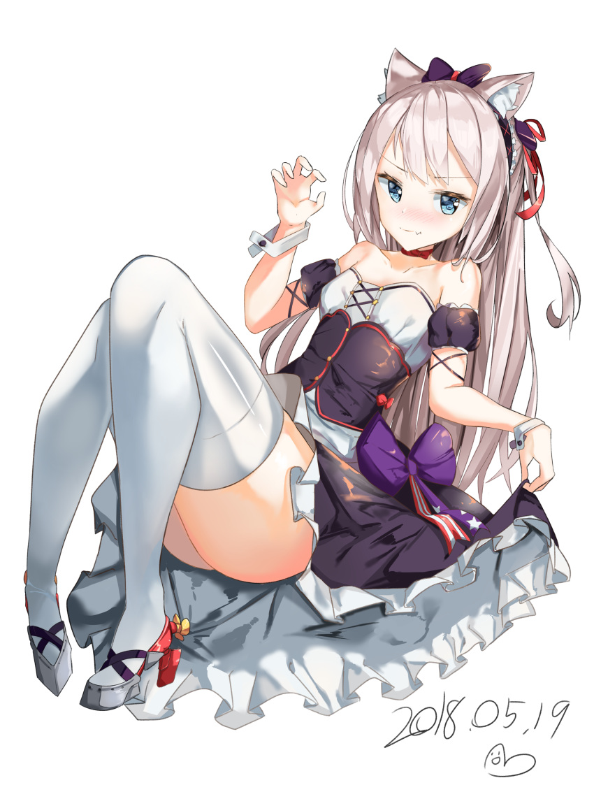 1girl absurdres animal_ear_fluff animal_ears ass azur_lane bangs bare_shoulders black_bow blue_eyes blush bow breasts cat_ears collarbone commentary dated dress eyebrows_visible_through_hair fang hair_bow hair_ribbon hammann_(azur_lane) highres long_hair looking_at_viewer puffy_short_sleeves puffy_sleeves purple_bow ribbon shoes short_sleeves silver_hair simple_background skin_fang sog-igeobughae solo thighhighs very_long_hair white_background white_legwear