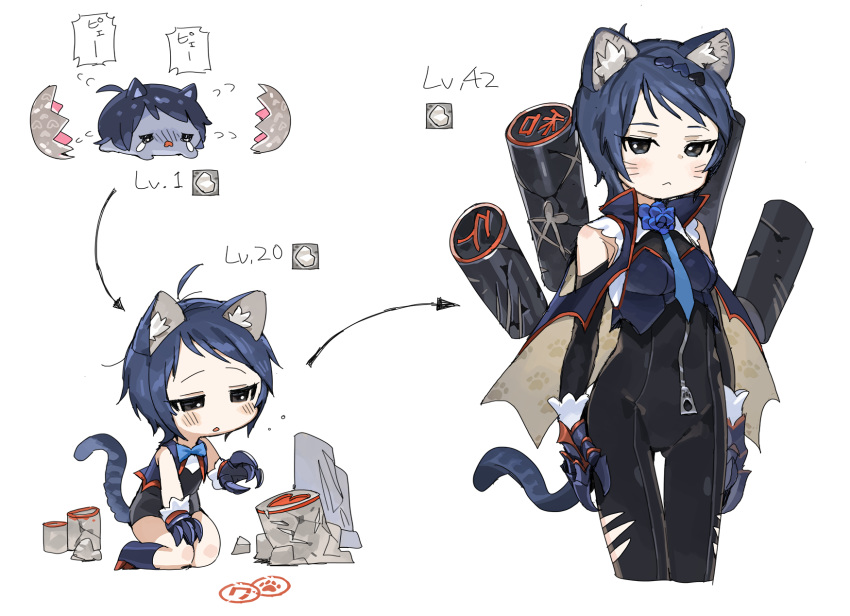 1girl animal_ear_fluff animal_ears black_bodysuit blue_hair blue_neckwear blush bodysuit bow bowtie breasts cape cat_ears cat_tail chibi claws cropped_legs egg evolution grey_eyes highres idolmaster idolmaster_cinderella_girls kemonomimi_mode kneeling leotard necktie no_nose on_ground paw_print_pattern short_hair small_breasts spawnfoxy stone tail very_short_hair wakui_rumi white_background zipper zipper_pull_tab