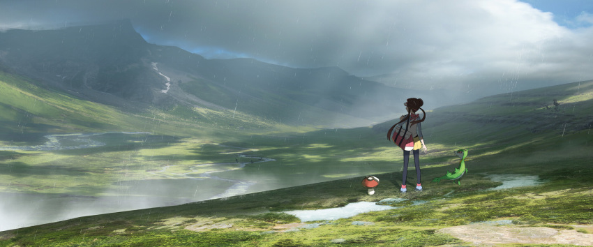 1girl asuteroid bag black_legwear bow brown_hair cloud cloudy_sky day double_bun field foongus full_body highres mei_(pokemon) miniskirt mountain outdoors pantyhose pokemon pokemon_(game) pokemon_bw2 rain river scenery servine shirt shoes short_hair_with_long_locks short_sleeves shoulder_bag skirt sky standing sunlight twintails visor_cap yellow_skirt