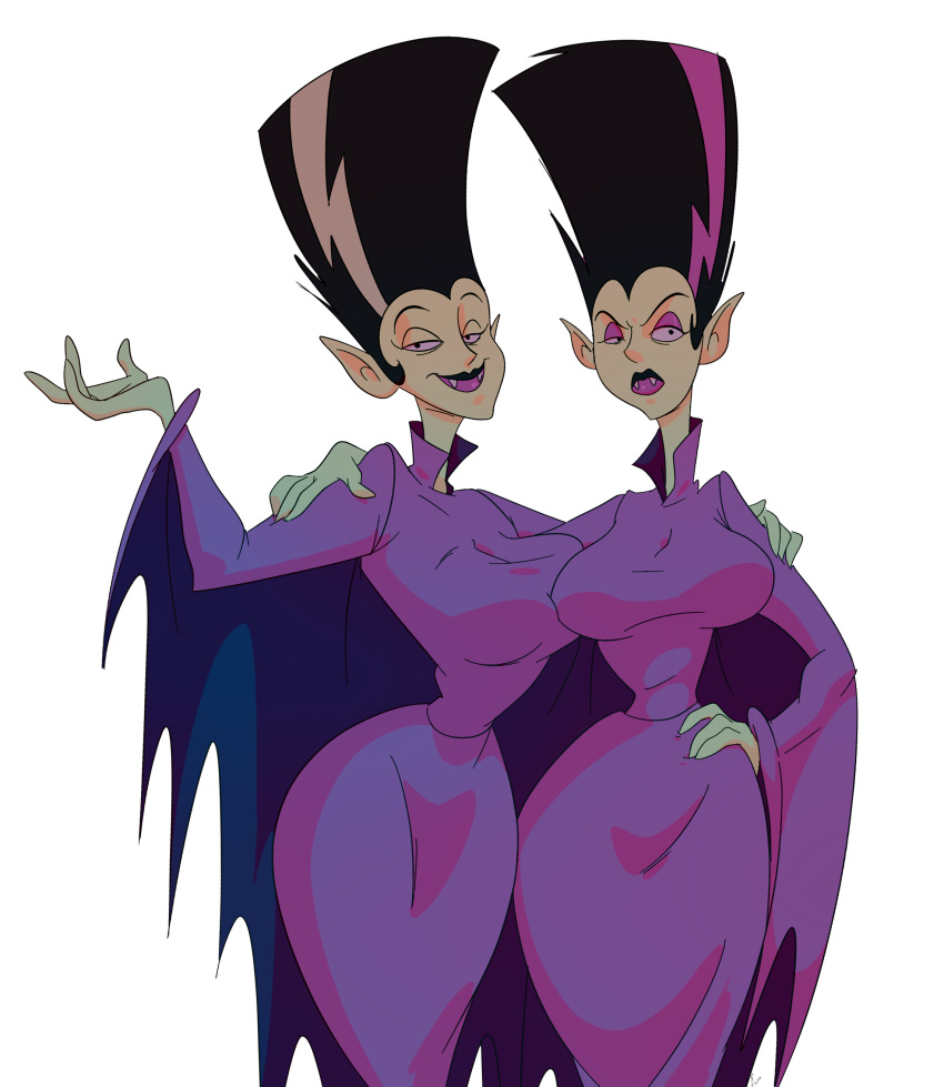 absurd_res big_hair bimbella black_hair breasts clothed clothing dr._zitbag's_transylvania_pet_shop duo eyeshadow female fully_clothed hair hair_highlights half-closed_eyes hand_on_hip hand_on_shoulder hi_res humanoid humanoid_pointy_ears makeup medium_breasts purple_highlights raised_arm sharp_teeth sibling simple_background sinista sister sisters slb small_waist smile standing teeth vampire white_background white_highlights
