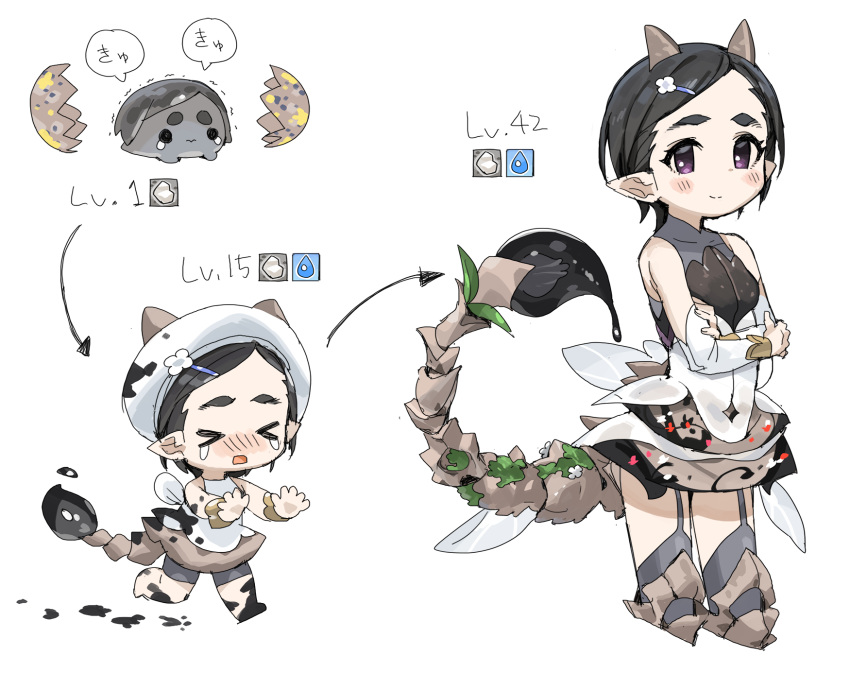 &gt;_&lt; 1girl bare_shoulders beret black_hair blush breasts brush calligraphy_brush chibi cropped_legs crossed_arms crying detached_sleeves dot_nose dress egg evolution flower garter_straps grey_legwear hair_flower hair_ornament hairclip hat highres idolmaster idolmaster_cinderella_girls looking_at_viewer matsuo_chizuru no_nose nose_blush paintbrush pointy_ears purple_eyes scorpion_tail short_dress short_eyebrows short_hair small_breasts smile spawnfoxy tail thick_eyebrows thighhighs white_background white_dress