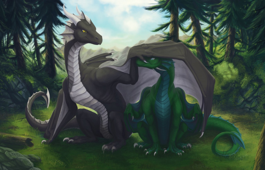 belly_scales black_scales claws countershading detailed_background dragon duo eye_contact feral green_scales horn looking_at_another membrane_(anatomy) membranous_wings nature outside scales scalie tree vampi western_dragon wing_claws wings wyvern