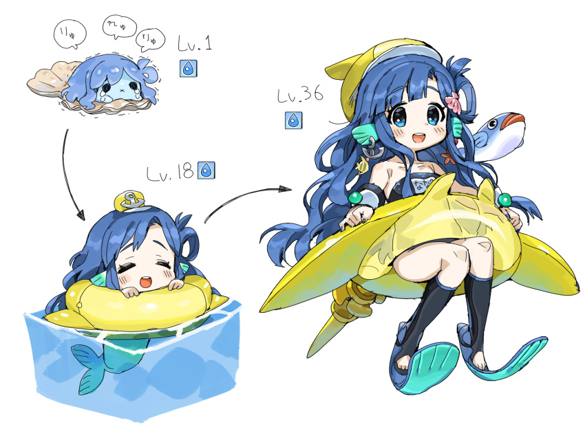 1girl :d :x ^_^ anchor_earrings anchor_hat_ornament asari_nanami bangs blue_eyes blue_hair blue_nails blush clam_shell closed_eyes crying dot_nose evolution fish flippers floating hat head_fins highres idolmaster idolmaster_cinderella_girls in_water innertube long_hair mermaid mini_hat monster_girl name_tag one-piece_swimsuit open_mouth school_swimsuit shell_hair_ornament smile spawnfoxy starfish_earrings strapless strapless_swimsuit swimsuit trembling upper_teeth wavy_hair