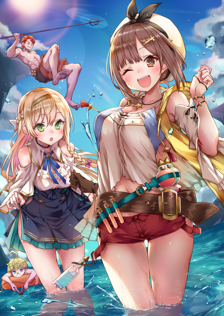 2boys 2girls :o ;d ahoge alt atelier_(series) atelier_ryza belt blonde_hair blue_eyes blue_neckwear blue_ribbon blue_skirt blue_sky blush breasts brown_eyes brown_gloves brown_hair cleavage cloud day glasses gloves green_eyes hair_ornament hairband hairclip hat highres holding_polearm jewelry klaudia_valentz lent_marslink long_hair medium_breasts multiple_boys multiple_girls navel necklace ocean one_eye_closed open_mouth outdoors partially_submerged polearm red_hair red_shorts reisalin_stout ribbon short_hair short_shorts shorts single_glove skirt sky smile star sun tao_mongarten teeth thigh_gap thighs trident upper_teeth weapon wet white_headwear yellow_hairband