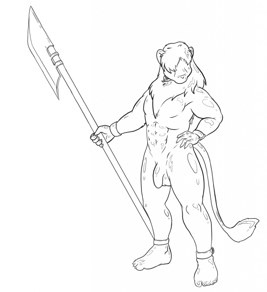 animate_inanimate anklet anthro balls bracelet collar ebonyrubberwolf faceless felid glaive hi_res jewelry lion male mammal melee_weapon nude pantherine penis plantigrade polearm rubber shadowfox13 simple_background solo standing weapon