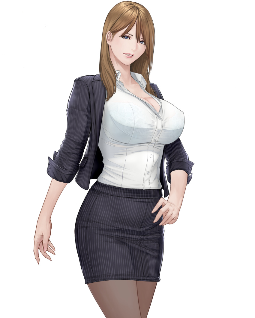 1girl bangs blazer blue_bra blue_eyes bra breasts brown_hair cleavage collared_shirt curvy dress_shirt formal highres jacket lace lace_bra large_breasts looking_at_viewer office_lady open_blazer open_clothes open_jacket original pantyhose parted_lips pencil_skirt pinstripe_skirt pinstripe_suit see-through shirt shisshou_senkoku skirt sleeves_rolled_up smile standing striped suit unbuttoned underwear white_shirt