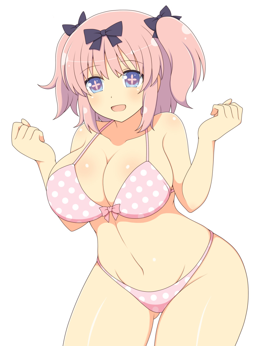 1girl ass_visible_through_thighs bangs bare_shoulders bikini black_ribbon blue_eyes breasts cleavage curvy groin hair_between_eyes hair_ribbon hands_up hibari_(senran_kagura) highres ichiryuu_tsumiki large_breasts leaning_forward legs_apart looking_at_viewer navel open_mouth pink_bikini pink_hair pink_ribbon polka_dot polka_dot_bikini ribbon senran_kagura shiny shiny_hair shiny_skin sidelocks simple_background smile solo standing swimsuit symbol-shaped_pupils thighs tongue two_side_up white_background wide_hips