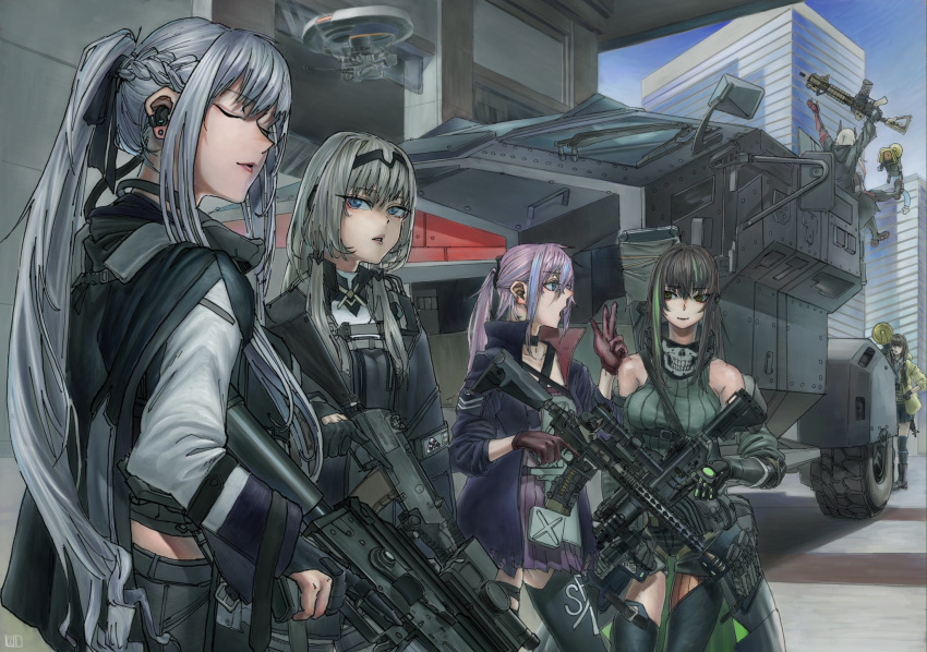6+girls ak-12 ak-12_(girls_frontline) an-94 an-94_(girls_frontline) anti-rain_(girls_frontline) ar-15 armored_personnel_carrier artist_request assault_rifle blue_sky check_commentary city closed_eyes commentary_request defy_(girls_frontline) drone fingerless_gloves girls_frontline gloves gun highres m4_carbine m4_sopmod_ii m4_sopmod_ii_(girls_frontline) m4a1_(girls_frontline) mod3_(girls_frontline) multiple_girls rifle ro635 ro635_(dinergate) ro635_(girls_frontline) sky st_ar-15_(girls_frontline) weapon