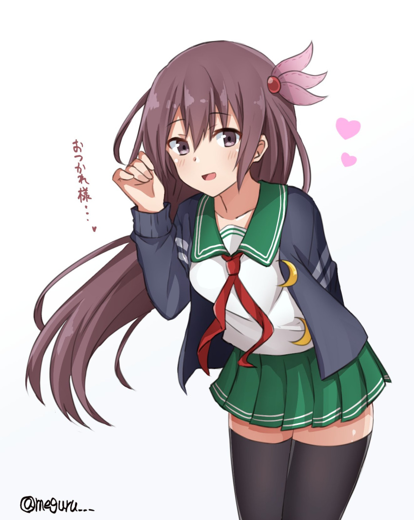 1girl black_jacket black_legwear brown_eyes brown_hair commentary_request cowboy_shot crescent crescent_moon_pin green_sailor_collar green_skirt hair_ornament highres jacket kantai_collection kisaragi_(kantai_collection) long_hair meguru_(megurunn) neckerchief pleated_skirt red_neckwear remodel_(kantai_collection) sailor_collar school_uniform serafuku skirt solo thighhighs translation_request twitter_username