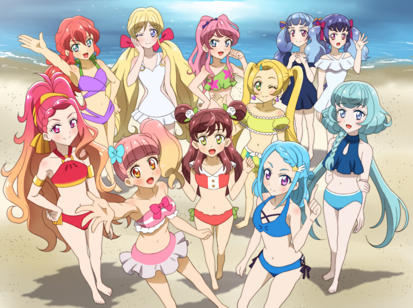 aikatsu!_(series) aikatsu_friends! alicia_charlotte aqua_hair asuka_mirai_(aikatsu_friends!) beach bikini_skirt blonde_hair chouno_maika commentary_request earrings hinata_ema_(aikatsu_friends!) jewelry kamishiro_karen low_twintails minato_mio navel ocean onomekaman shirayuri_kaguya shirayuri_sakuya siblings side_ponytail sisters swimsuit tenshou_hibiki twins twintails yuuki_aine