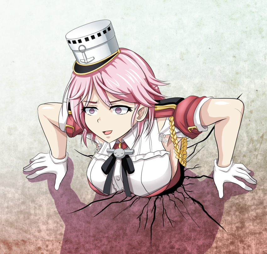 1girl breasts cracked_wall eyebrows_visible_through_hair giuseppe_garibaldi_(kantai_collection) gloves hat highres kantai_collection large_breasts open_mouth pink_eyes pink_hair red_shirt shadow shirt short_hair solo tk8d32 wall white_gloves white_headwear