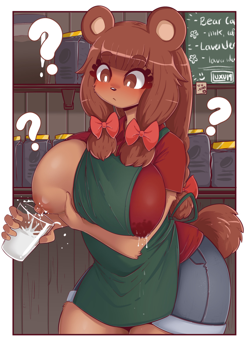 absurd_res anthro beau_(luxurias) big_breasts blush bodily_fluids breast_milking breasts female glass glass_of_milk hi_res lactating luxurias mammal milk solo ursid