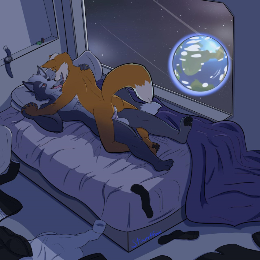 1:1 anal bed black_tie_(suit) bodily_fluids clothing couple_(disambiguation) cowgirl_position cum cum_in_ass cum_inside cum_on_chest fox_mccloud genital_fluids hi_res invalid_tag kissing male male/male married nintendo on_top open_mouth penis planet ring romantic sex space star_fox starrffax suit tongue video_games wolf_o'donnell