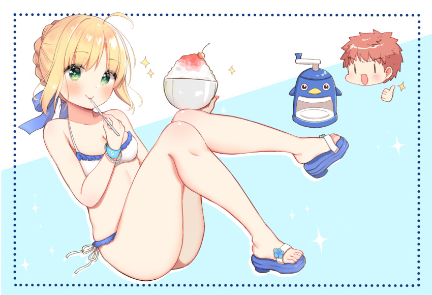 1boy 1girl ahoge aizawa85 artoria_pendragon_(all) bangs bare_shoulders bikini blonde_hair blue_background blue_bow blue_footwear blush bow bowl braid brown_hair closed_mouth commentary_request emiya_shirou eyebrows_visible_through_hair fate/stay_night fate_(series) frilled_bikini frills green_eyes hair_between_eyes hair_bow highres holding holding_bowl holding_spoon knees_up saber sandals shaved_ice side-tie_bikini sidelocks smile sparkle spoon swimsuit thumbs_up two-tone_background v-shaped_eyebrows white_background white_bikini |_|