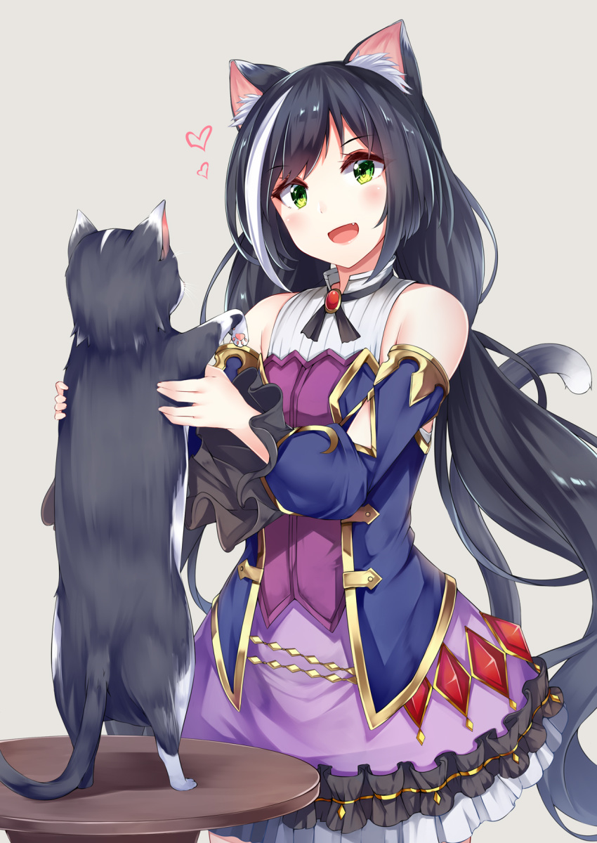 1girl :d animal animal_ear_fluff animal_ears bangs bare_shoulders black_cat black_hair blue_sleeves cat cat_ears cat_girl cat_tail commentary_request detached_sleeves eyebrows_visible_through_hair fang frilled_skirt frills green_eyes grey_background head_tilt highres holding holding_animal irohasu kyaru_(princess_connect) long_hair long_sleeves low_twintails multicolored_hair open_mouth princess_connect! princess_connect!_re:dive puffy_long_sleeves puffy_sleeves purple_skirt shirt simple_background skirt sleeveless sleeveless_shirt smile solo standing streaked_hair table tail twintails very_long_hair white_hair white_shirt