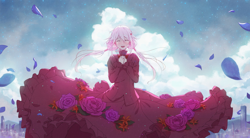 1girl bibido blush closed_eyes dress flower guilty_crown hair_between_eyes hair_ornament hairclip hands_on_own_chest highres long_hair long_sleeves open_mouth pink_hair smile solo twintails yuzuriha_inori