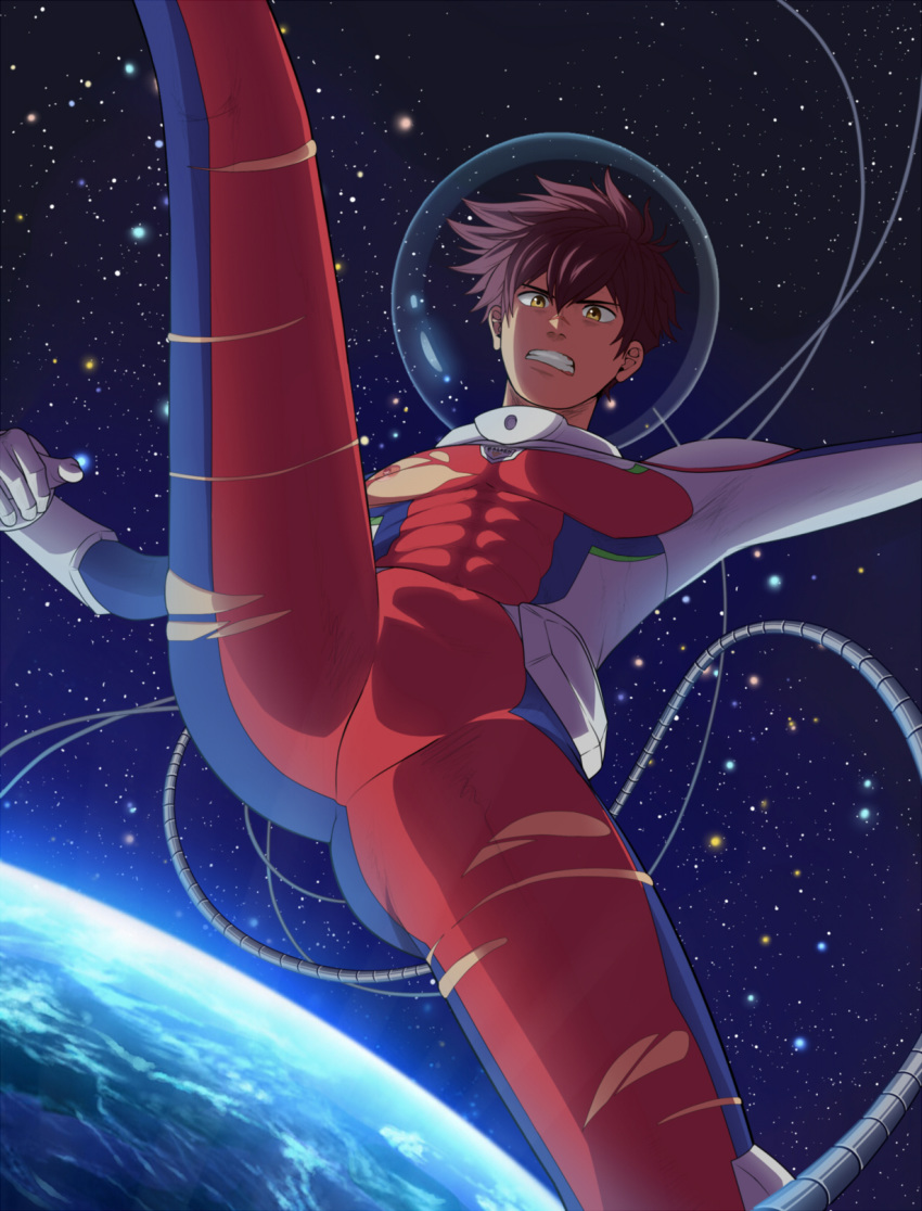 1boy abs areolae ass_visible_through_thighs bara black_hair bodysuit bulge chest clenched_teeth highres kanata_hoshijima kanata_no_astra looking_at_viewer male_focus momota_kou nipple_slip nipples planet short_hair skin_tight sky solo space spacesuit spread_legs star_(sky) starry_sky teeth torn_bodysuit torn_clothes yellow_eyes