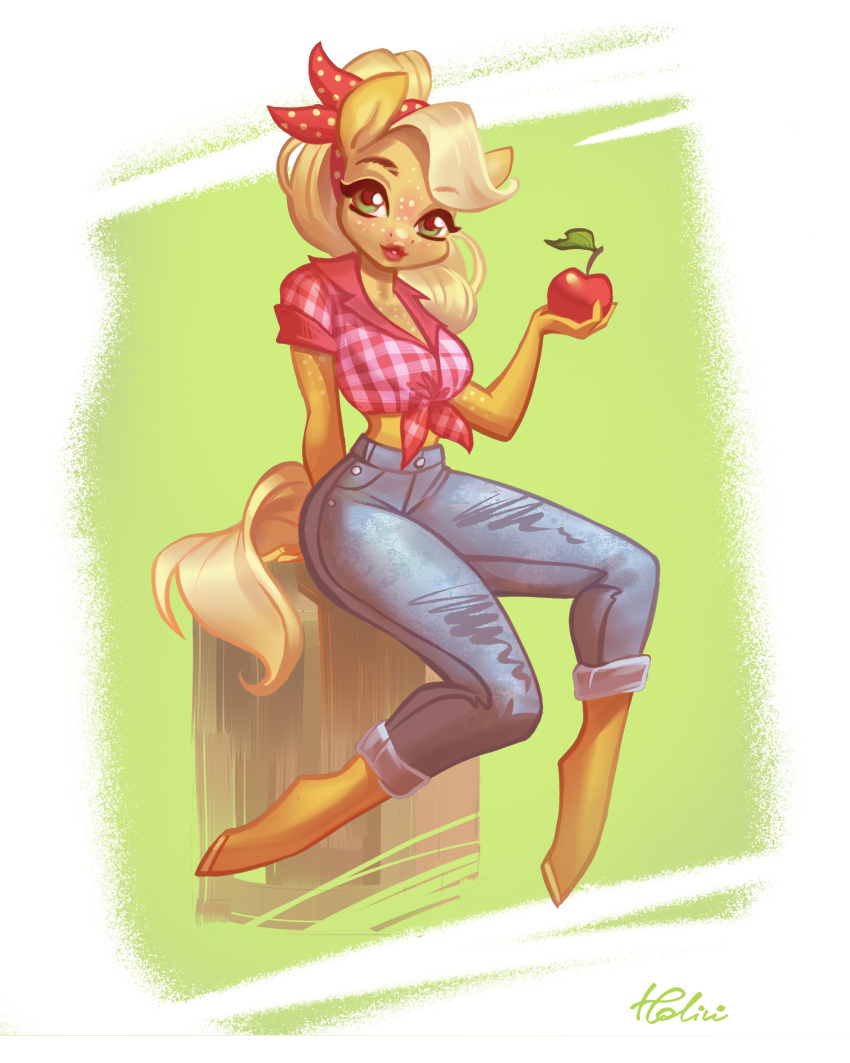 2019 absurd_res anthro apple applejack_(mlp) bottomwear clothing earth_pony equid equine female food freckles friendship_is_magic fruit hi_res holivi horse lipstick makeup mammal my_little_pony pants plant pony solo unguligrade_anthro