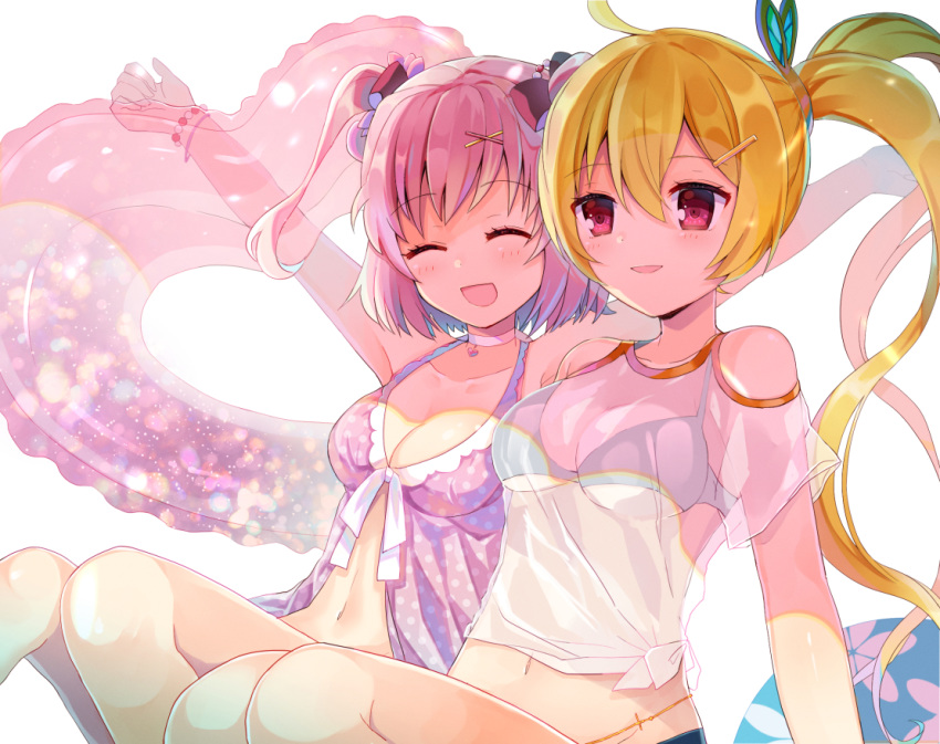 2girls :d ^_^ bangs bare_shoulders bikini bikini_under_clothes black_bikini blonde_hair blush bow breasts cleavage closed_eyes collarbone commentary_request eyebrows_visible_through_hair hair_between_eyes hair_bow hair_ornament hairclip heart heart-shaped_innertube innertube long_hair magia_record:_mahou_shoujo_madoka_magica_gaiden mahou_shoujo_madoka_magica makino_ikumi medium_breasts midori_ryou multiple_girls open_mouth outstretched_arms pink_hair ponytail red_bow red_eyes see-through shikino_(sikinonono) shirt short_hair sitting smile swimsuit transparent two_side_up very_long_hair white_background white_shirt x_hair_ornament
