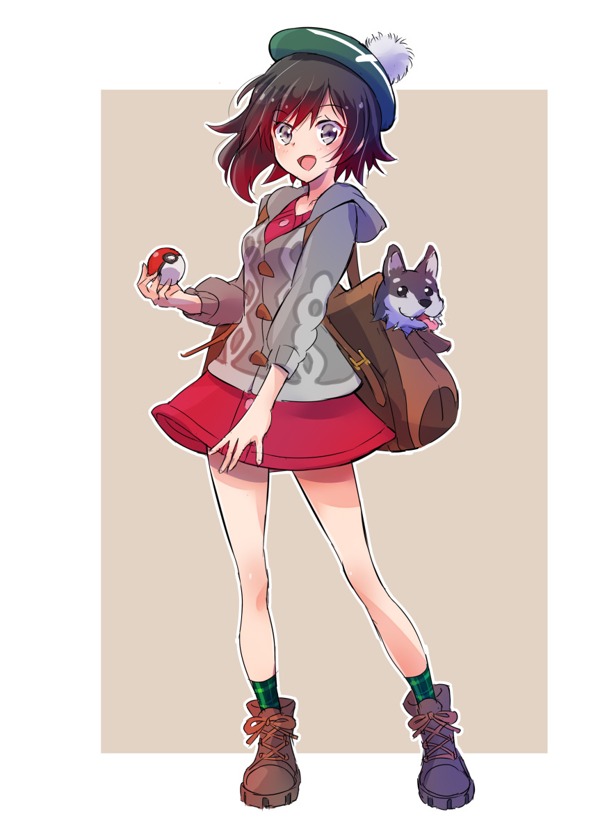 1girl absurdres backpack bag black_hair boots brown_footwear cardigan commentary_request female_protagonist_(pokemon_swsh) full_body gradient_hair green_headwear hat highres holding holding_poke_ball iesupa long_sleeves looking_at_viewer miniskirt multicolored_hair poke_ball poke_ball_(generic) pokemon pokemon_(game) pokemon_swsh red_hair red_skirt ruby_rose rwby short_hair silver_eyes skirt socks solo tam_o'_shanter two-tone_hair welsh_corgi zwei_(rwby)