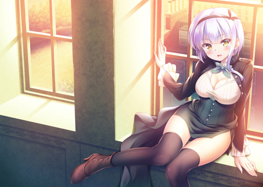 blush boots breasts cleavage corset gray_hair headband original short_hair skirt thighhighs yellow_eyes yuurei_yashiki