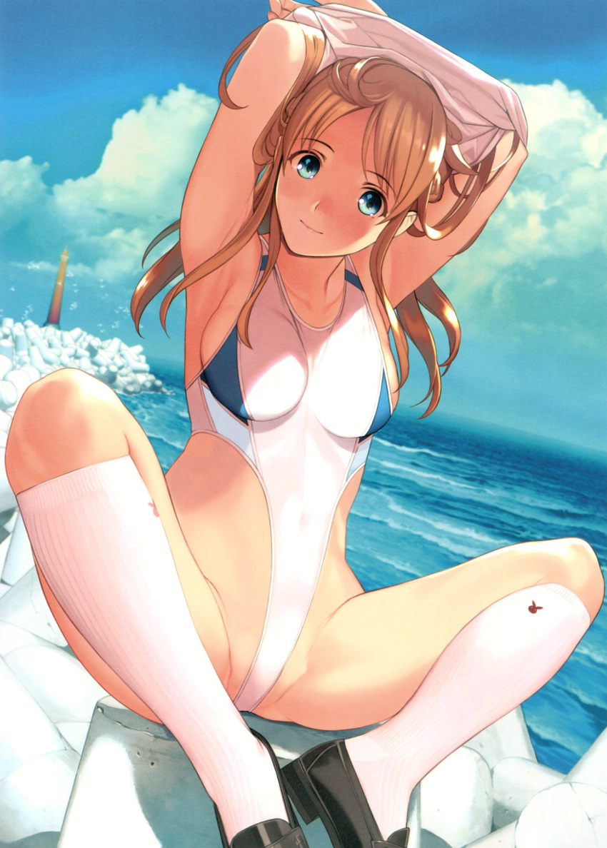 1girl absurdres armpits bangs black_footwear blonde_hair blue_eyes blue_sky breasts closed_mouth cloud cloudy_sky collarbone covered_navel day eyebrows_visible_through_hair highleg highleg_swimsuit highres lips loafers long_hair looking_at_viewer medium_breasts mibu_natsuki ocean one-piece_swimsuit outdoors scan shiny shiny_hair shoes sitting sky socks solo swimsuit toranoana water