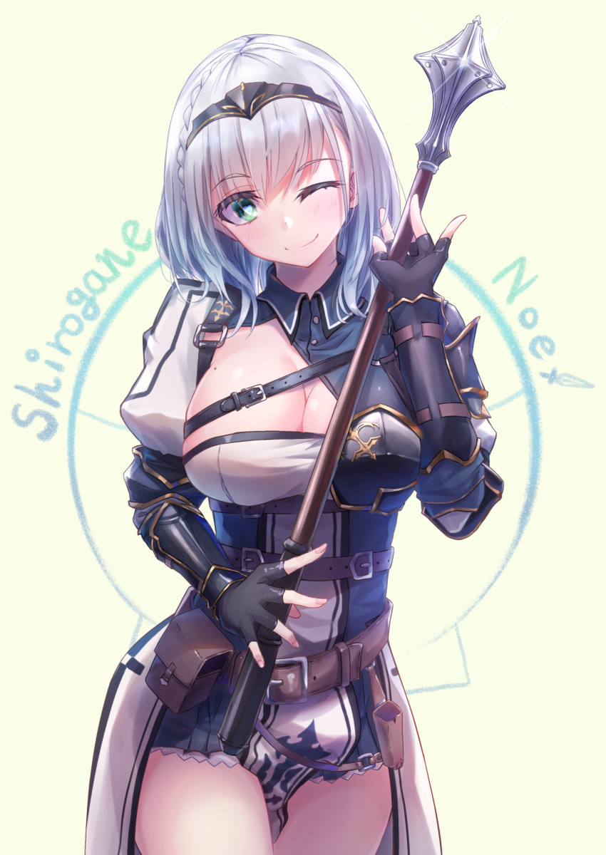 1girl armor belt belt_buckle black_armor black_gloves black_headwear blue_collar breastplate breasts buckle buttons character_name circlet cleavage cleavage_cutout closed_mouth collar eyebrows_visible_through_hair fingerless_gloves gloves gold_trim green_eyes heart highres holding holding_weapon hololive large_breasts loincloth mace medium_hair mole mole_on_breast o-ring one_eye_closed shirogane_noel shun'ya_(daisharin36) smile solo symbol-shaped_pupils thighs utility_belt virtual_youtuber weapon white_background white_hair white_loincloth wrist_guards