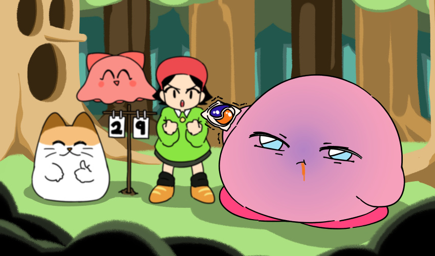 absurd_res adeleine ambiguous_gender bottomwear cephalopod chuchu_(kirby) clothing coleoid domestic_cat eyes_closed felid feline felis female footwear gesture group hi_res holding_object human ill kirby kirby_(series) mammal marine meme mollusk nago_(kirby) nintendo nrvos number octopodiform open_mouth shoes skirt smile thumbs_up tide_pod video_games waddling_head whiskers whispy_woods