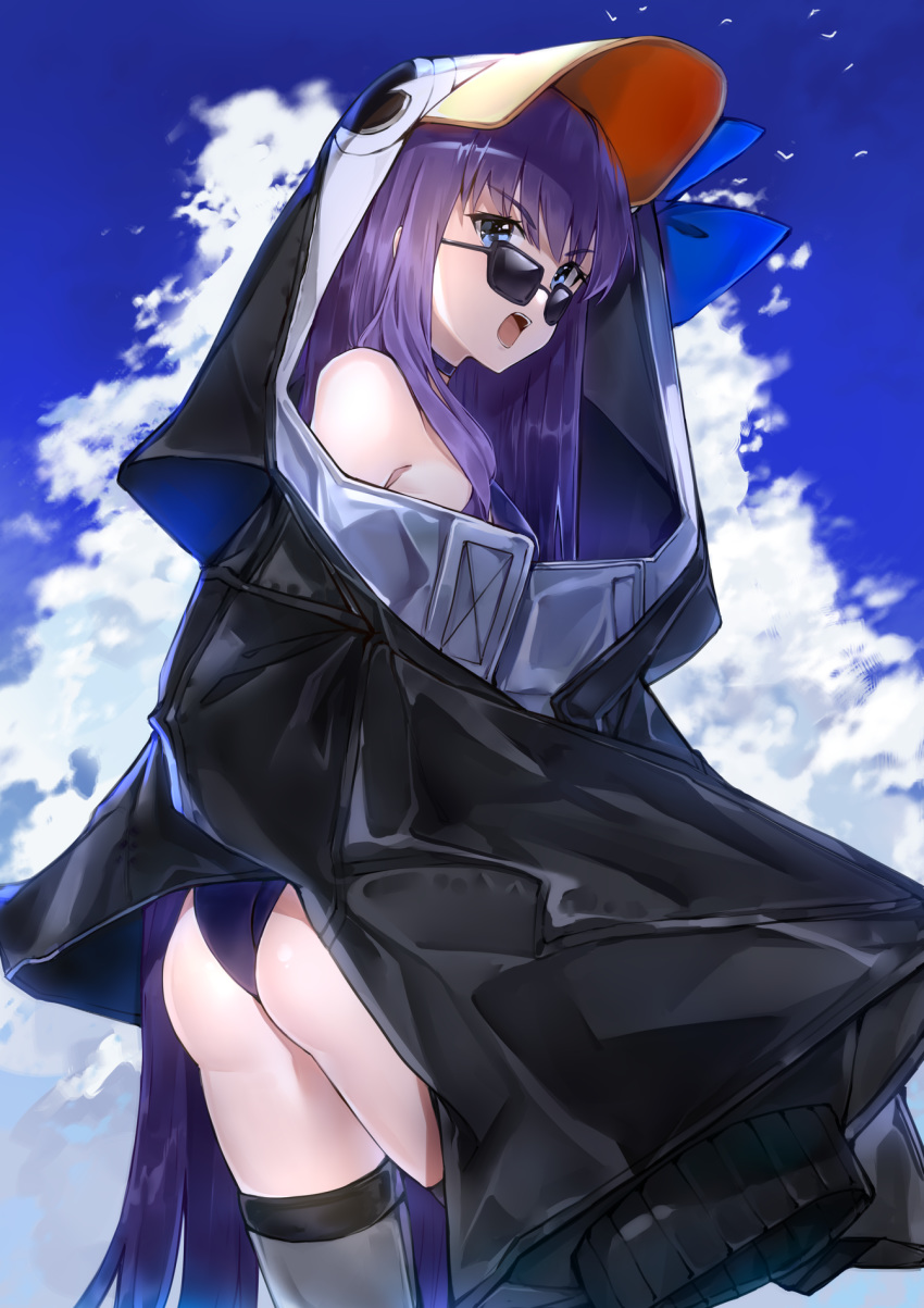 1girl animal_costume animal_hood ass bare_shoulders blue_eyes blue_ribbon cloud eyebrows_visible_through_hair fate/grand_order fate_(series) highres hood hood_up hoodie hoshiineko long_hair looking_back meltryllis meltryllis_(swimsuit_lancer)_(fate) open_mouth oversized_clothes penguin_costume ribbon sky sleeves_past_wrists solo sunglasses thighhighs zettai_ryouiki