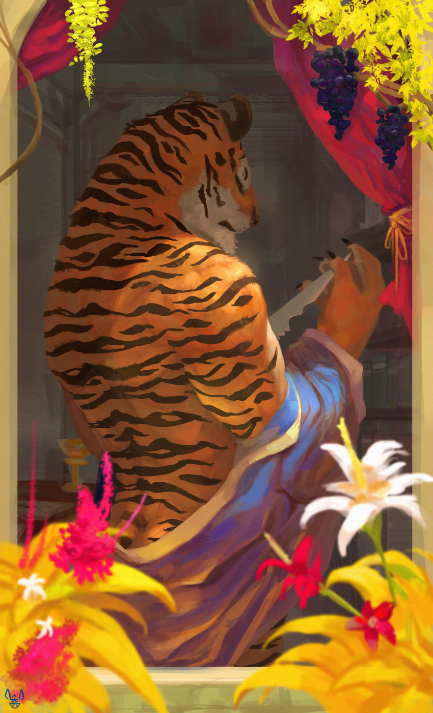 2018 absurd_res ambiguous_gender anthro bookshelf claws clothed clothing detailed_background digital_media_(artwork) felid flower grape hi_res holding_object holding_weapon mammal melee_weapon muscular neungsonie pantherine partially_clothed plant solo stripes tiger weapon