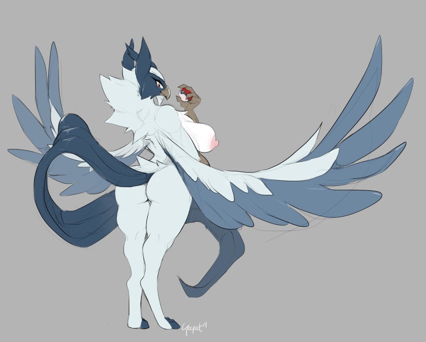 anthro articuno avian beak bird breasts butt feathered_wings feathers female hi_res hybrid legendary_pok&eacute;mon looking_back mega_absol mega_evolution nintendo nipples non-mammal_breasts nude pok&eacute;ball pok&eacute;mon pok&eacute;mon_(species) simple_background solo standing video_games wings yogoat