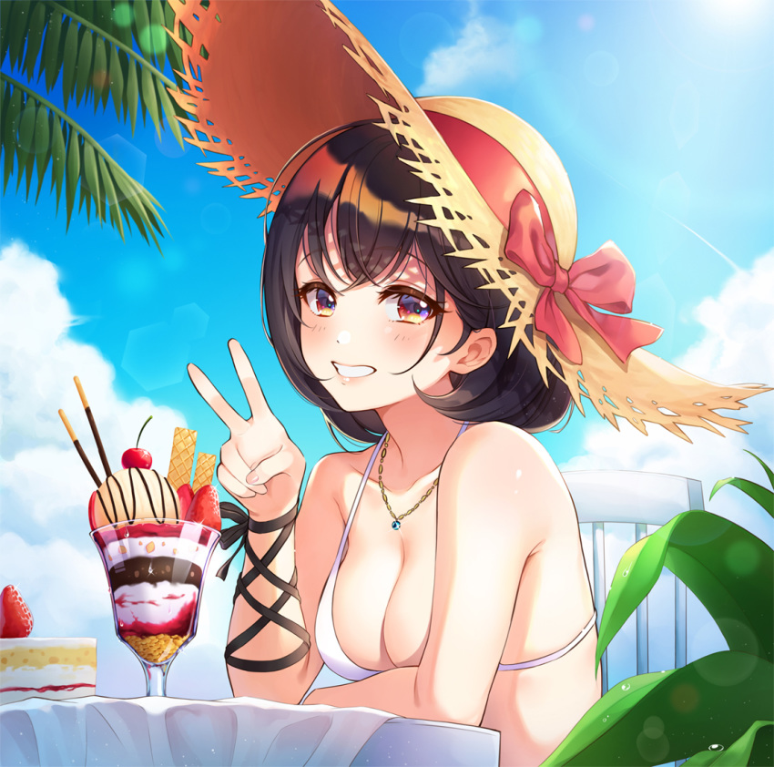 1girl bangs bikini black_hair blue_sky blush bow breasts cake chair cherry cloud collarbone day elbows_on_table food fruit glass grin hand_up hat hat_bow ice_cream inchangboy2 jewelry lips looking_at_viewer medium_breasts original outdoors palm_tree parfait pendant pocky sitting sky slice_of_cake smile solo straw_hat strawberry sunlight swimsuit table tree upper_body v wafer water_drop white_bikini