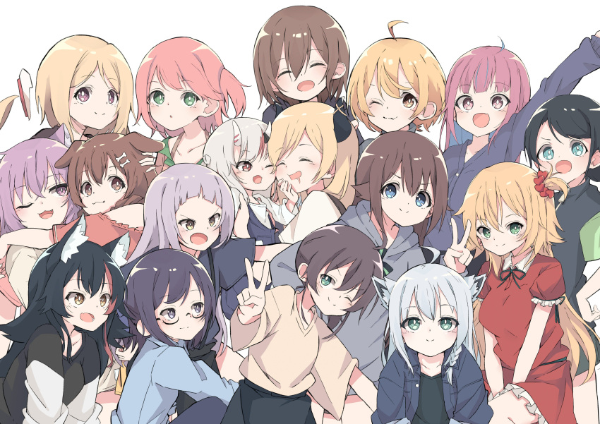 6+girls :o absurdres ahoge akai_haato aki_rosenthal alternate_costume animal_ear_fluff animal_ears bangs black-framed_eyewear black_hair blonde_hair blue_eyes blunt_bangs braid brown_hair casual cat_ears cat_girl closed_eyes closed_mouth collarbone demon_horns detached_hair dog_ears dog_girl eyebrows_visible_through_hair fang fox_ears fox_girl glasses green_eyes hair_ornament heart heart_hair_ornament highres hololive horns hug inugami_korone long_hair medium_hair minato_aqua multicolored_hair multiple_girls murasaki_shion nakiri_ayame natsuiro_matsuri nekomata_okayu no_hat no_headwear one_eye_closed ookami_mio oozora_subaru open_mouth pink_hair purple_eyes purple_hair roboco-san roboco_ch. sakura_miko sasakungoodsize shirakami_fubuki single_braid skin_fang tied_hair tokino_sora tokino_sora_channel two-tone_hair v virtual_youtuber white_hair wolf_ears wolf_girl yellow_eyes yozora_mel yuujin_a_(tokino_sora_channel) yuzuki_choco