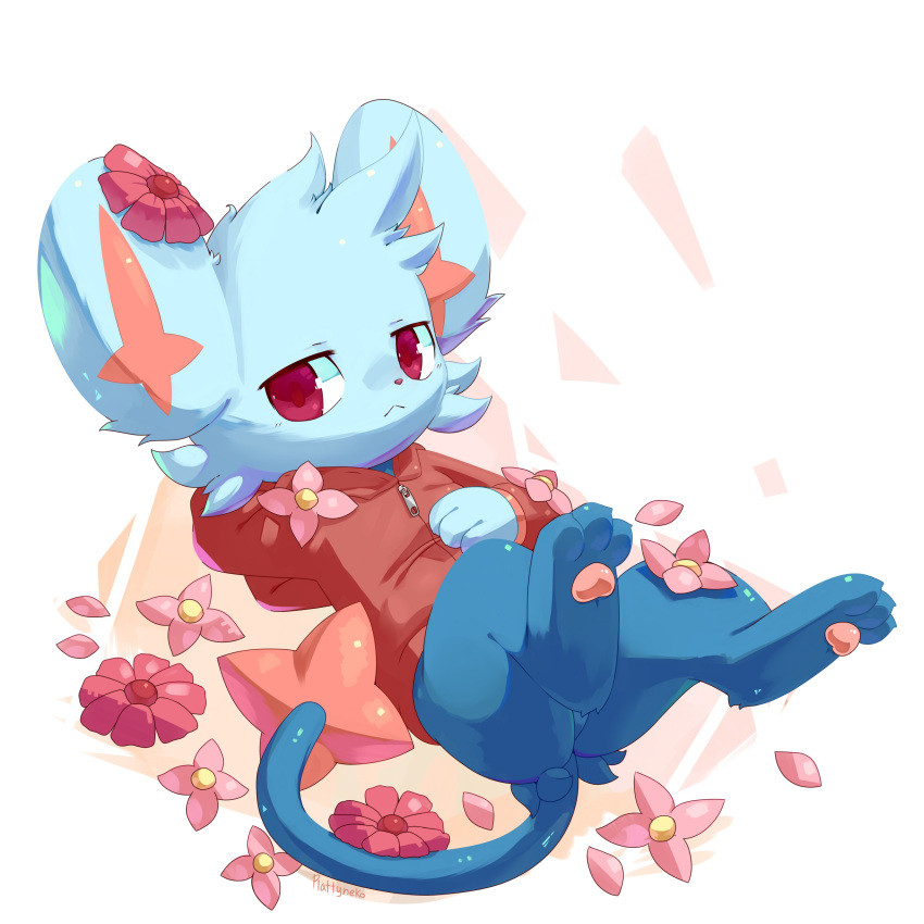 1:1 3_toes absurd_res ambiguous_gender anthro big_ears blue_fur bottomless clothed clothing flower_petals fluffy fur half-closed_eyes hi_res hoodie looking_at_viewer neve_(plattyneko) nintendo pawpads petals pink_nose pink_pawpads plattyneko pok&eacute;mon pok&eacute;mon_(species) red_eyes relaxing shinx solo spread_legs spreading thin_tail toes topwear video_games